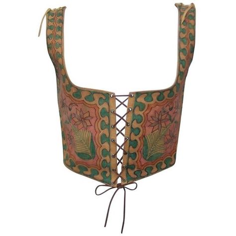 Preowned Early 1970's Char Hand Painted Leather Lace Up Corset Vest ($550) ❤ liked on Polyvore featuring outerwear, vests, tops, corsets, lingerie, brown, vest waistcoat, white vest, pirate vest and brown vest Pirate Vest, Pirate Corset, Brown Waistcoat, Bohemian Vests, White Waistcoat, Boho Vest, Corset Vest, Lace Up Corset, White Vest