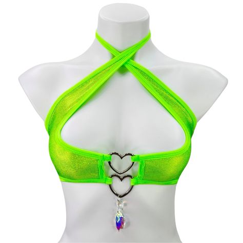 Featuring neon green sparkle fabric, soft neon green elastic, crystal charm, and silver rings. What harness / leg garter / waistband elastic color best matches this item? ♡ Neon Green Elastic Spandex Nylon Blend • Hand Wash • Air Dry Lime Green Rave Outfit, Neon Green Black Outfit, Festival Neon Outfit, Neon Green Outfit Aesthetic, Diy Leg Harness, Neon Green Clothes, Neon Green Rave Outfit, Purple Green Outfit, Alien Rave Outfit