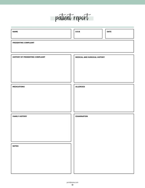 A patient history template for home health nurses with sections for personal details, presenting complaint, medical history, medications, allergies, family history, examination findings, and notes. Nursing Report Sheet Templates, Nurse Template, History Template, Nurse Brain Sheet, Home Health Nurse, Nursing Information, Nursing School Notes, Record Keeping, Daily Planners