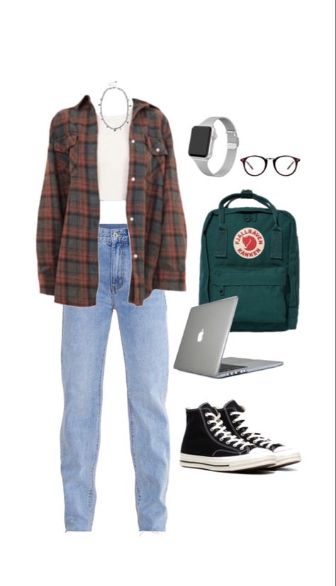 Blue jeans • white cropped t shirt • forest green back pack • gray Apple Watch and matching Apple MacBook Air • black lace up sneakers • silver jewelry • black round framed glasses First Day Of School Outfit Highschool Sophomore, Outfit Inspo For Highschool, High School Picture Day Outfit Ideas, 90s High School Fashion, Back Too School Outfits, High School Outfits Summer, First Day Of School Outfits Highschool, 1st Day Of School Outfit Highschool, First Day Of Highschool Outfits Freshman