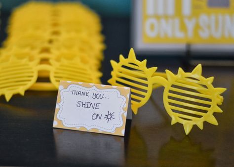 Sunshine Birthday Party Theme Favors! Sun Glasses! #sunshine #birthday #party Sunshine Birthday Party Decorations, Sunshine Birthday Theme, Sunshine Birthday Party, Sunshine First Birthday, Sunshine Birthday Parties, Sunshine Baby Showers, Lemonade Party, Sunshine Birthday, Yellow Sun