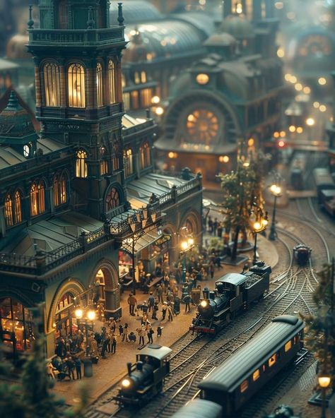 Fantasy Train, Winter Christmas Scenes, Ho Scale Train Layout, Steampunk Artwork, Steampunk Christmas, Dark Beauty Photography, Perspective Drawing Architecture, Steampunk House, Old Train Station