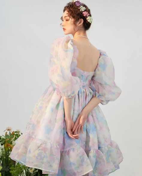 Floral Puff Dress, Cottage Dresses, Dress Organza, Watercolor Dress, Puff Dress, Watercolor Floral Print, Pastel Watercolor, Stylish Dress Designs, Tier Skirt