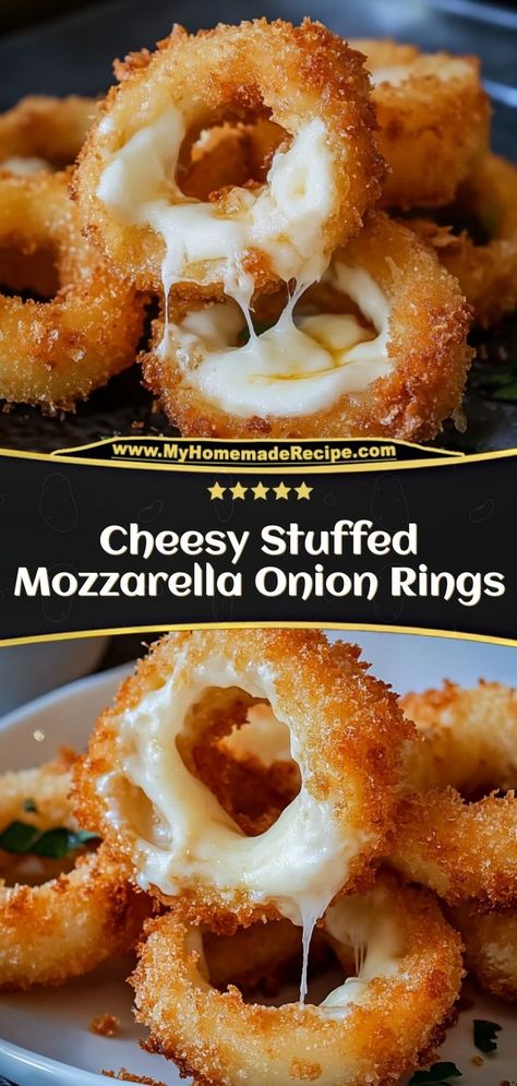 These Cheesy Stuffed Mozzarella Onion Rings combine crispy onion rings with gooey mozzarella cheese for the ultimate snack or appetizer. Ingredients: 2 large onions, sliced into rings 1 cup mozzarella cheese, shredded or string cheese slices 1 cup breadcrumbs 2 eggs (for breading) A cheesy, crispy snack that’s perfect for parties Crispy Onion Rings, Onion Strings, String Cheese, Crispy Onions, Gooey Cheese, Fried Food, Onion Rings, 2 Eggs, Mozzarella Cheese