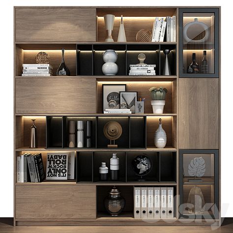 Modern luxury wooden bookshelf GHS-2367 - Rack - 3D Models Modern Luxury Bookcase, Book Unit Design, Display Cabinet Design Modern, Luxury Bookshelf, Luxury Bookshelves, Wooden Wall Partition, Book Rack Design, Wall Showcase Design, Modern Bookshelf Design