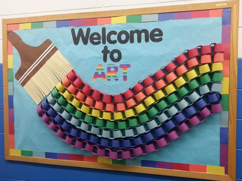 Elementary Art Bulletin Boards Hallways, Large Art Display, Pre K Art Wall Ideas, Welcome To Art Bulletin Board, Back To School Classroom Decorations Daycare, Art Classroom Elementary School, Art Theme Classroom Decorations, Art Room Display Ideas, Bulletin Board Ideas For Art Teachers