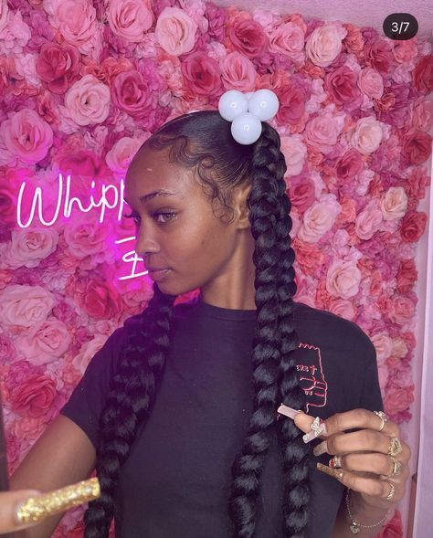 Double Braid Hairstyles For Black Women, Hairstyles For Black Women 2 Braids, Two Pigtails Hairstyles Braids, Braided Pigtail Hairstyles Black Women, Jumbo Braids Ponytail, 2 Pony Braids, Two Jumbo Braid Ponytail, Feed In Pigtail Braids, 2 Pigtails Black Women