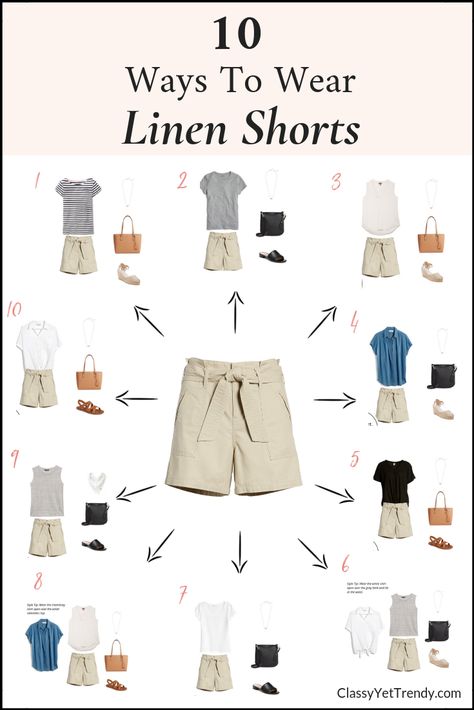 10 Ways To Wear Linen Shorts - If you have these Summer shorts in your closet, they can be worn casual.  See how to wear 10 outfit ideas using a striped top, white tee, gray tee, sleeveless blouse, chambray shirt, white shirt, black tie top, slide sandals, strap sandals and wedge espadrilles. Linen Shorts Outfit, 10 Ways To Wear, Classy Yet Trendy, Outfits Mit Shorts, Fashion Capsule Wardrobe, Wardrobe Planning, Wedge Espadrilles, Summer Capsule Wardrobe, Fashion Capsule