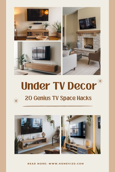 Ready to transform the space under your TV? Discover 20 stunning under TV decor ideas that will add style, storage, and personality to your living room. From sleek shelves to cozy setups, these ideas will make your space pop! Sideboard Under Tv On Wall, Under Tv Cabinet Ideas, Under Tv Bedroom Ideas, Minimalist Tv Stand Decor Ideas, Tv Shelf Bedroom, Hanging Tv Ideas Living Room, Decor Around Tv On Wall, Tv Bedroom Ideas, Under Tv Decor