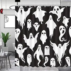 🎃【SIZE】: 72"width x 72"height 🎃【PACKAGE】: One Shower curtain and 12 free strong "C" plastic shower curtains hooks. 🎃【MATERIAL】: 100% polyester fabric. Machine washable, Waterproof, Wrinkle resistance, Shape retention, High strength, Elastic recovery. Vibrant colors, Clear image and no fading. Spooky Bathroom, Halloween Shower Curtain, Halloween Bathroom, Bathtub Decor, Plastic Shower Curtain, Ghost Cartoon, Cute Funny Cartoons, Horror Themes, Bathroom Curtain