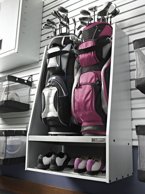 Golf Club Rack Storage, Golf Bag Holder, Golf Club Organization, Garage Drop Zone Ideas Modern, Camp Chair Storage Garage, Garage Organization Ideas Wall, Garage Golf Storage, Gladiator Garage Organization, Bag Chair Storage Garage