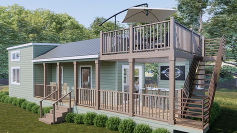 Gigantic $245,000 Tiny House Offers Rooftop Deck, BBQ Kitchen on Porch Trailer Deck Ideas, Trailer Deck, Park Model Trailer, Painting Shiplap, Park Model Rv, Park Model Homes, Galley Style Kitchen, Bbq Kitchen, House Deck