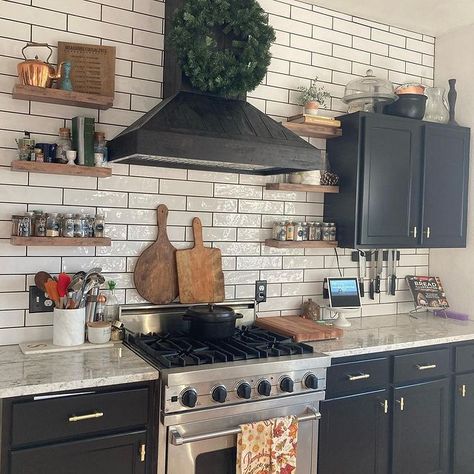 ANTIQUE FARMHOUSE no Instagram: “📷: @e.v.fitz Check out Beth's kitchen remodel. Love the contrast of the dark cabinetry with the white back splash and wood floating…” Wooden Range, Wooden Range Hood, Coastal Style Kitchen, Kitchen Details, Rustic Modern Kitchen, Fabulous Kitchens, Wall Mount Range Hood, Unique Farmhouse, Dining Room Inspiration