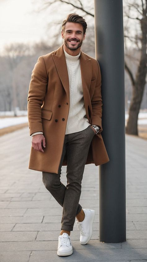 Mens London Outfits, Brown Peacoat Outfit Men, Men’s Winter 2024 Fashion, Gentleman Outfit Casual, Brown Overcoat Men Outfit, Camel Overcoat Men Outfit, Camel Coat Outfit Men, Brown Coat Outfit Men, Beige Jacket Outfit Men