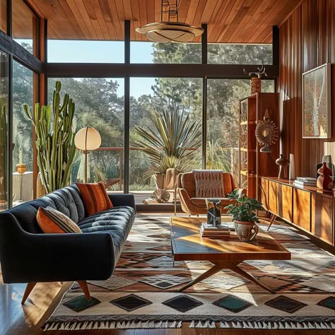 Mid Century Country House, Lush Interior Design, 1920s Aesthetic Home, Mid Century Modern Sunroom, Mid Century Modern Home Design, Southwest Modern Living Room, Mid Century Modern Living Room Layout, Art Moderne Interior Design, Mid Century Sunroom