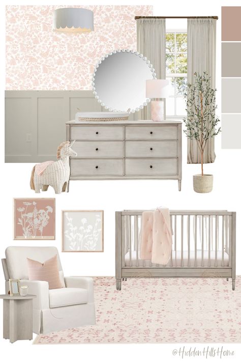 Cute baby girls nursery decor mood board with gray and pink tones! Nursery decor ideas for baby girl Sophisticated Girl Nursery, Gray Nursery Girl, Decor Mood Board, Modern Girl Nursery, Pink Baby Room, Vintage Girl Nursery, Baby Girls Room, Girly Nursery, Baby Nursery Inspiration