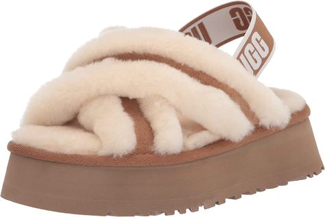 Amazon.com | UGG Women's Disco Cross Slide Slipper, Black, 5 | Slides Ugg Platform Slippers, Ugg Store, Ugg Sandals, Ugg Boots Australia, Shearling Slippers, Brown Leather Ankle Boots, Ugg Slippers, Platform Slippers, Open Toe Shoes