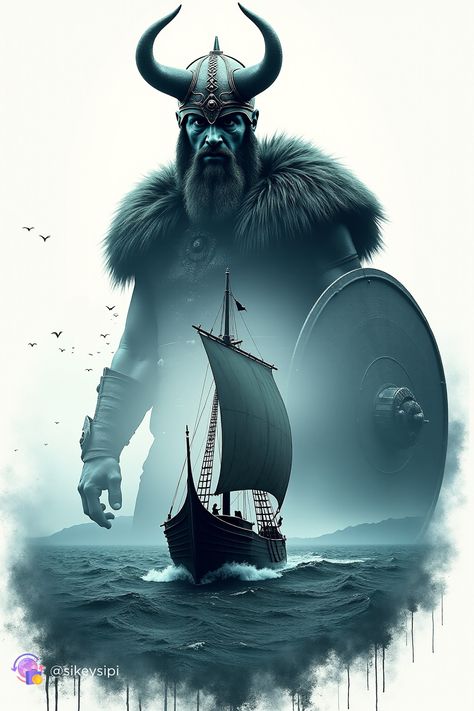 This stunning illustration features a powerful Viking warrior clad in armor with a horned helmet and a massive shield. In the foreground, a drakkar sails through the cold, churning sea. The intricate details, like the ocean spray, wild birds, and the warrior's mystical aura, evoke a sense of epic sagas and ancient strength. Perfect for lovers of Norse mythology and Viking history! #VikingArt #NorseMythology #EpicIllustration #DigitalArt #FantasyArt #Vikings #Mythology #Illustration Vikings Mythology, Thor Mythology, Viking Warrior Art, Mythology Illustration, Viking Warrior Men, Horned Helmet, Viking Warrior Tattoos, Pirate Ship Art, Viking Ships