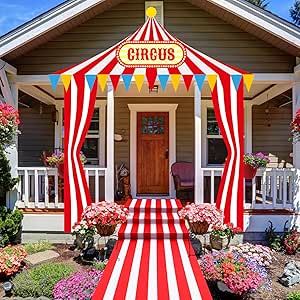 Fanfanwin 4 Pcs Halloween Circus Tent Decorations Carnival Entryway Door Party Decor Red and White Striped Awning Hanging Banner Aisle Runners Supply for Circus Theme Birthday Celebration (Stylish) Circus Themed Decorations, Striped Awning, Halloween Circus, Entryway Door, Aisle Runners, Clown Halloween, Tent Decorations, Circus Tent, Aisle Runner