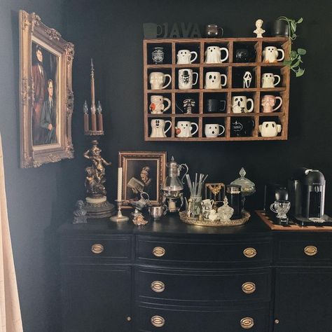 Brittany Elizabeth on Instagram: "The Halloween mugs have made their way out of the buffet, and I’ve already added some of my newest thrift finds from yesterday 👻🖤 . . . #coffeelover #coffeebar #coffee #coffeebardecor #mugshelf #mugshelfie #eclectichome #ghostmug #coffeemug #coffeemugsofinstagram #coffeemugs #mugcollection #mugcollector #thriftedhome #halloweenmugcollection #nespresso #halloweendecor @nespressousa @nespresso #thrifted #handmade #thrift #halloweencoffee #thriftedhomedecor Goth Kitchen Ideas, Diy Gothic Decor Crafts, Gothic Kitchen Ideas, Gothic Bar, Farmhouse Throw Pillows, Home Accessories Ideas, Gothic Living Room, Spooky Kitchen, Outdoor Decor Ideas