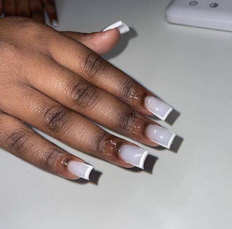 Clear And White French Nails, Basic Square Nails, White On White French Tip, White On White French, Drippy Nails, Plain Acrylic Nails, Nails Sets, Pink Tip Nails, Acrylic Toe Nails