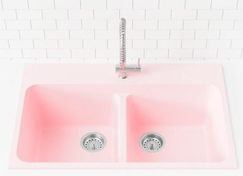 pink kitchen sink with deck mounted faucet Pink Kitchen Sink, Pink Faucet, Pink Sink, Kawaii House, Colourful House, Future Retro, Bathroom Sink Design, Storing Spices, Kitchen Sink Design