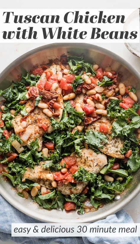 Hearty and vibrant, this Tuscan-inspired Chicken with White Beans, kale, and sun-dried tomatoes cooks in one skillet in just about 30 minutes! One of our favorite easy weeknight dinners, it also happens to be bursting with protein and dark leafy greens. Kale Chicken Recipes, Chicken And Kale Recipes, Chicken With White Beans, April Meals, White Beans And Kale, Beans And Kale, Greek Marinated Chicken, Chicken Kale, Chicken With Italian Seasoning