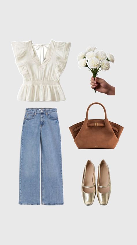 White blouse, wide leg jeans, brown bag, golden flats, casual style, basic outfit, ootd, romantic look Wide Leg Jeans Outfit, Jeans Brown, Flats Outfit, Brown Bag, Romantic Look, Jeans Outfit, Brown Bags, Basic Outfits, White Blouse