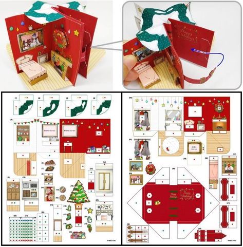 Shiny Brite Box Printable Free, Pop Up Book Printable, Diy Pop Up Book Tutorials, Christmas Pop Up, Paper Houses Diy, Christmas Paper Crafts Diy, Christmas Miniatures Diy, Pop Up Book Ideas, Pop Up Book Tutorial