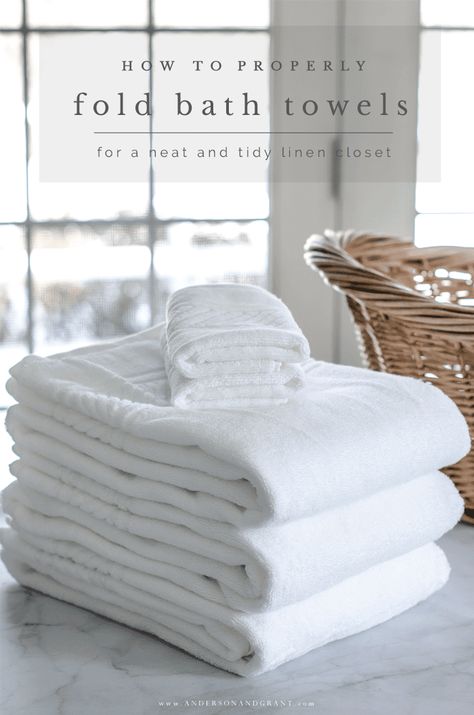 Learn the proper way to fold washcloths, hand towels, and bath towels for a neat and tidy bathroom linen closet.  |  www.andersonandgrant.com Fold Washcloths, Fold Bath Towels, How To Fold Bath Towels, Office Closet Ideas, Fold Hand Towels, Fancy Towels, Bathroom Linen Closet, Fold Towels, Bathroom Closet Organization