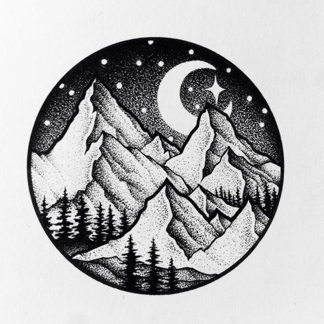 176 Likes, 18 Comments - Bailey  Burgers (@bayatattoos) on Instagram: “❄️ Little mountain scene up for grabs…” Mountain Scene, Trees, Moon, Black And White, Stars, White, Black