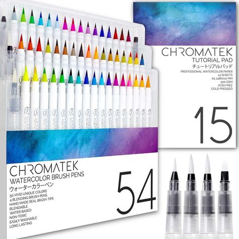 Amazon.com: CHROMATEK 54 Watercolor Pens Set | Including 15 Page Pad & Online Video Tutorial Series | 4 Aquapens & 50 Unique Colors | Real Brush Pens | Easily Blendable, Vivid, Smooth | Professional Art Supplies Chromatek Watercolor Pens, Watercolor Pens, Professional Art Supplies, Watercolor Brush Pen, Stem Projects, Brush Pens, Pen And Watercolor, Professional Art, Watercolor Brushes