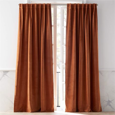 Velvet Copper Curtain Panel 48"x108" + Reviews | CB2 Copper Velvet Curtains, Cognac Curtains, Earthy Curtains Living Room, Eclectic Curtains Living Room, Rust Curtains Living Rooms, Velvet Curtains Bedroom Decorating Ideas, Rust Colored Curtains, Rust Living Room Decor Burnt Orange, Rust Velvet Curtains