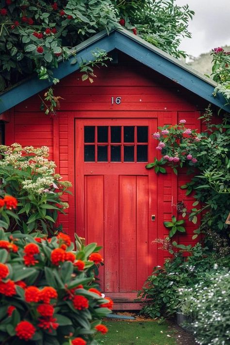 Inspiring Shed Paint Ideas to Enhance Your Yard Painted Shed Interior, Red Shed Ideas, Painted Shed Ideas, Garden Shed Paint Ideas, Whimsical Shed, Outdoor Shed Makeover, Shed Colours Ideas, Painted Sheds Ideas Colour, Shed Paint Colors