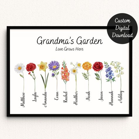 Grandma's Garden, Grandmas Garden, Christmas Gifts For Grandma, Flower Printable, Gift For Grandma, Birth Flower, Birth Month, Birth Flowers, Grandchildren