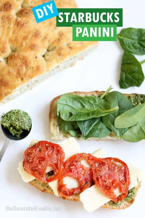 Make a homemade Starbucks panini with roasted tomatoes, pesto, spinach, and mozzarella cheese. A delicious lunch idea. Starbucks sandwiches. Starbucks Panini, Tomato Mozzarella Panini, Starbucks Sandwiches, Mozzarella Panini, Spinach Sandwich, Panini Recipe, Tomato And Mozzarella, Mozzarella Sandwich, Pesto Sandwich