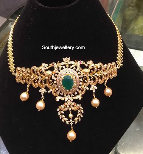 Peacock CZ Choker cum Bajuband Gold Emerald Necklace, Latest Indian Jewellery, 22 Carat Gold Jewellery, Gold Necklace Wedding, 22k Gold Necklace, Gold Pendent, Beautiful Bridal Jewelry, Buy Gold Jewelry, Beautiful Gold Necklaces