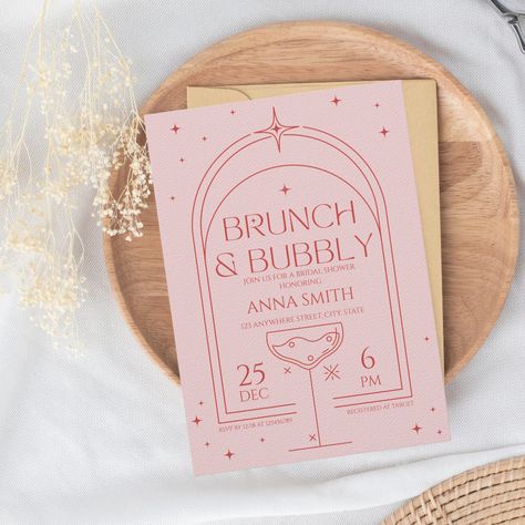 Brunch & Bubbly Retro Pink Red Bridal Shower Invitation Brunch And Bubbly Invitations, Brunch And Bubbly, Brunch Bubbly, Menu Designs, Birthday Brunch, Bridal Shower Tea, Brunch Invitations, Bridal Shower Brunch, Bridal Brunch