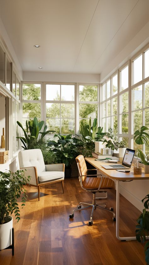 Transform your sunroom into a cozy home office with stylish decor and abundant natural light. Use comfy furniture and clever storage solutions for a functional and inviting workspace. #sunroom #cozyhomeoffice #officeinspo #homeofficedecor #naturalight #officeorganization #officecolors #homedécor #homeofficeideas #decoration Studying In Nature Aesthetic, Sunroom Desk Ideas, Modern Cozy Home Office, California Casual Home Office, Atrium Office Design, Cozy Office Interior Design, Light And Bright Home Office, Sunroom Office Ideas Layout, Conservatory Home Office