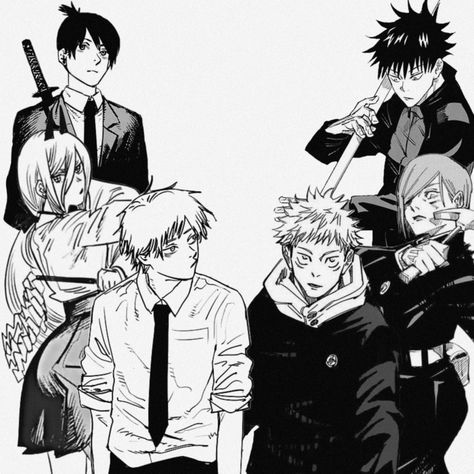 Black And White Drawing Anime, Jjk X Csm, Chainsaw Man X Jujutsu Kaisen, White Drawing, Fandom Crossover, Anime Wall Art, Black And White Drawing, Anime Crossover, Chainsaw Man