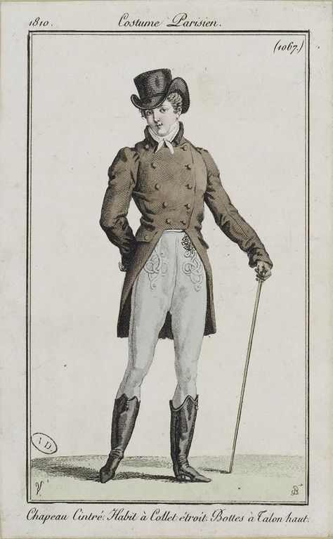 Costume Parisien, 1810,     From the Bibliothèque des Arts Décoratifs via SceneInThePast flickr.   Plate 1067 #menswear Regency Mens Fashion, 19th Century Men, Regency Era Fashion, 1800s Fashion, Period Clothing, Regency Dress, Regency Fashion, Anna Karenina, 19th Century Fashion