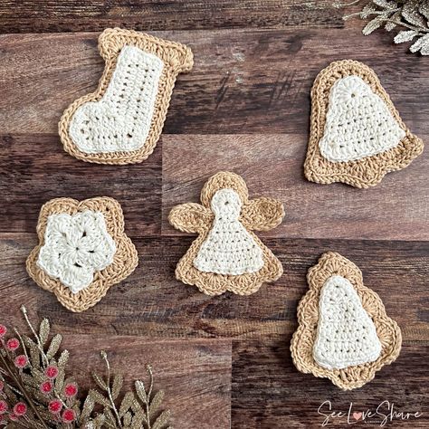 Christmas Sugar Cookie Ornaments - Full Collection Free Patterns Cookie Crochet, Ornament Crochet Pattern, Cookie Ornaments, Christmas Sugar Cookie, Ornament Crochet, Crochet Christmas Tree, Crocheted Christmas, Ornament Cookies, Handcrafted Ornaments