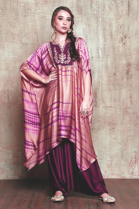 Buy Vikram Phadnis Shibori Print Kaftan Kurta And Dhoti Pant Set Online | Aza Fashions Satin Kurta, Embroidery Kaftan, Vikram Phadnis, Kaftan Kurta, Got Costumes, Print And Embroidery, Kurta Patterns, Shibori Print, Interesting Outfits