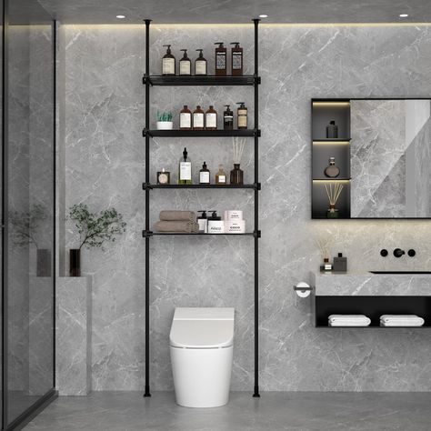 Washroom Racks Bathroom Storage, Shelf Toilet, Metal Shelves Bathroom, Modern Over Toilet Storage, Toilet Rack, Black Shelves Bathroom, Bathroom Racks Ideas Shelves, Toilet Shelf, Shelf In Bathroom