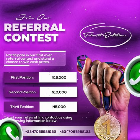 A design for an online referral contest Referral Flyer Design, Referral Contest Flyer Design, Contest Flyer Design, Media Flyer Design, Social Media Flyer Design, Social Media Contests, Church Backgrounds, Social Media Advertising Design, Win Cash Prizes