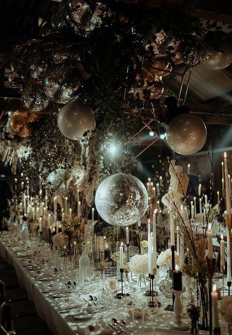 Balloons And Disco Balls, Candles And Disco Balls, Disco Reception Decor, Luxe Disco Wedding, Classy Disco Ball Decor, Dark Disco Wedding, Discoball Wedding Tables, Disco Ball Centre Pieces, Winter Disco Wedding