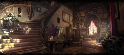 ESO housing loading screen - Alinor Crest Townhouse Fantasy Study, Skyrim House, Normal Background, Eso Housing, Dnd Places, Interior Concept Art, Skyrim Special Edition Mods, Castle Rooms, Gate City