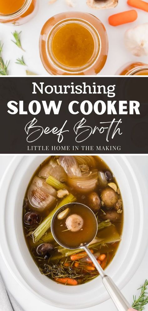 If you're looking for homemade bone broth recipes, or ways to use your slow cooker, you need to try this Crock Pot Beef Bone Broth! Made with nourishing bones, veggies, and herbs, this simple bone broth recipe is perfect for making in large batches and freezing for later. Beef Broth Slow Cooker, Slow Cooker Beef Bone Broth, Bone Broth In Crockpot, Meat Broth Recipes, Beef Bone Soup Crockpot, Beef Bone Broth Recipe Slow Cooker, Beef Soup Bone Recipes Crock Pots, Healing Bone Broth Recipe, Pork Broth Recipes