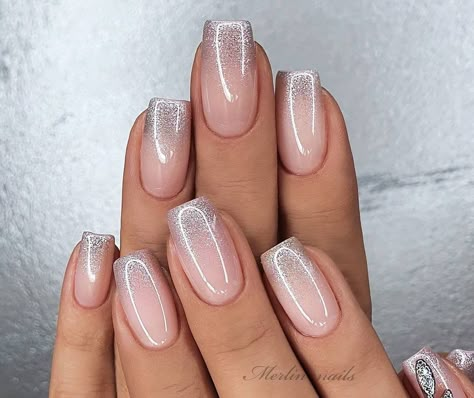 Nude And Silver Acrylic Nails, Nude Silver Nails, Reception Nails, Nude And Silver Nails, Frosted Nails, Silver Sparkly Nails, Engagement Nails, White And Silver Nails, Formal Nails