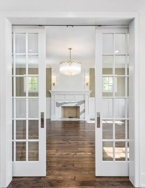 Glass Pocket Doors to Living Room - Transitional - Living Room French Pocket Doors, Living Room Sliding Doors, Blue Home Offices, Glass Pocket Doors, Living Room Transitional, Internal Sliding Doors, Living Room Door, Natural Paper, Glass Doors Interior